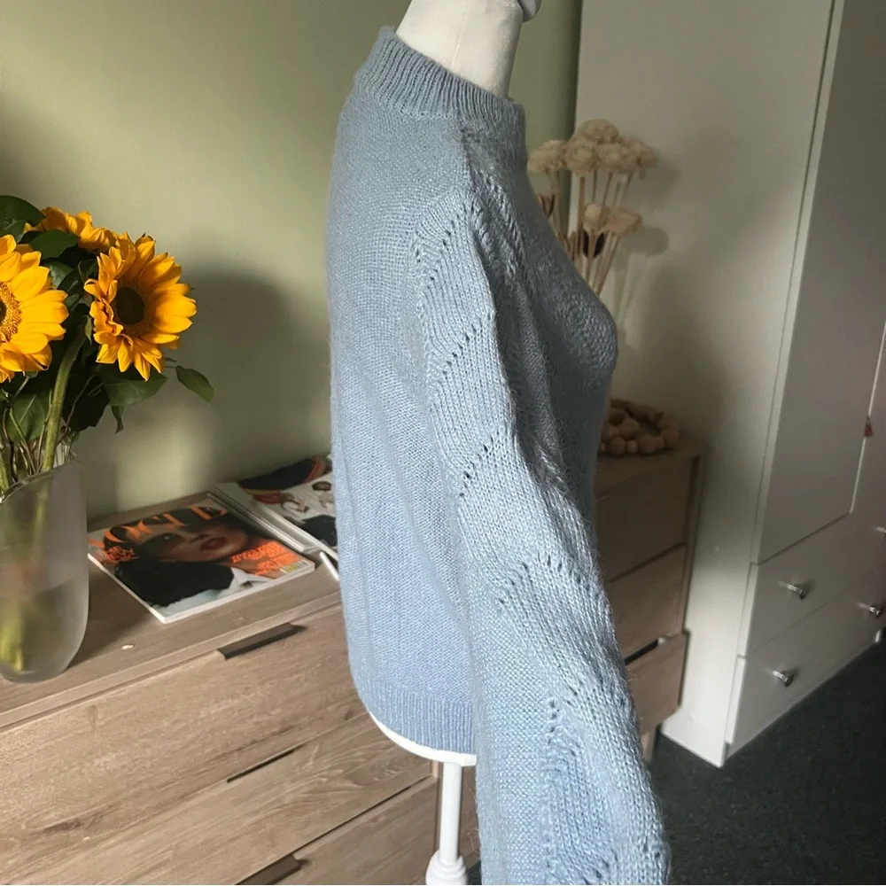H&M Baby Blue Pastel Mockneck Baggy Sleeve Hole Knit Acrylic Mohair Wool Sweater